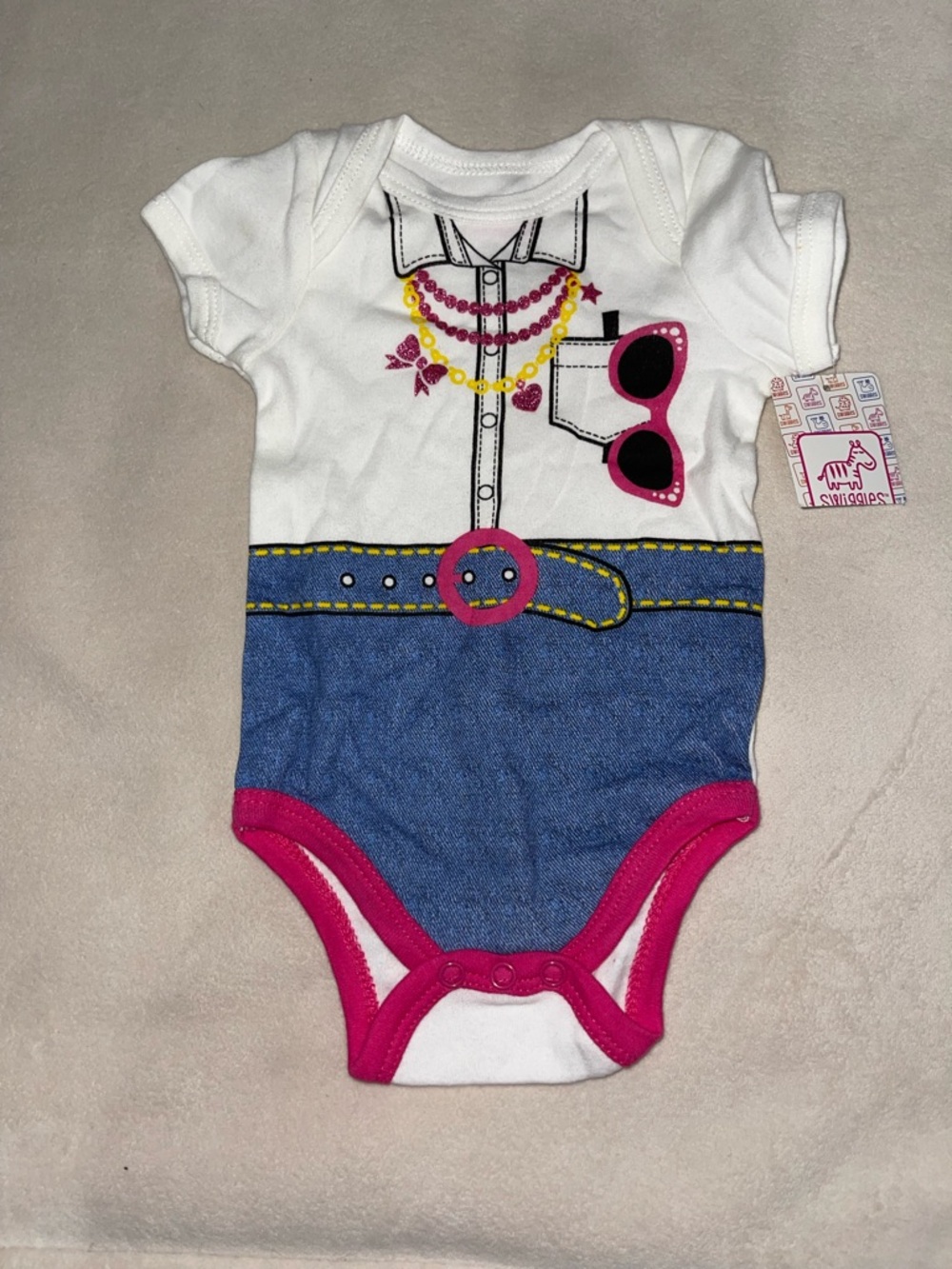 Swiggles White,‎ Blue & Pink Graphic Denim-Look Baby One-Piece